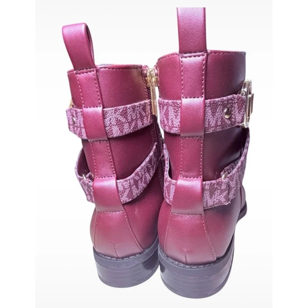 Michael Kors Womens Merlot Monogram Ankle Boots Gold MK Logo Buckle Side Zip